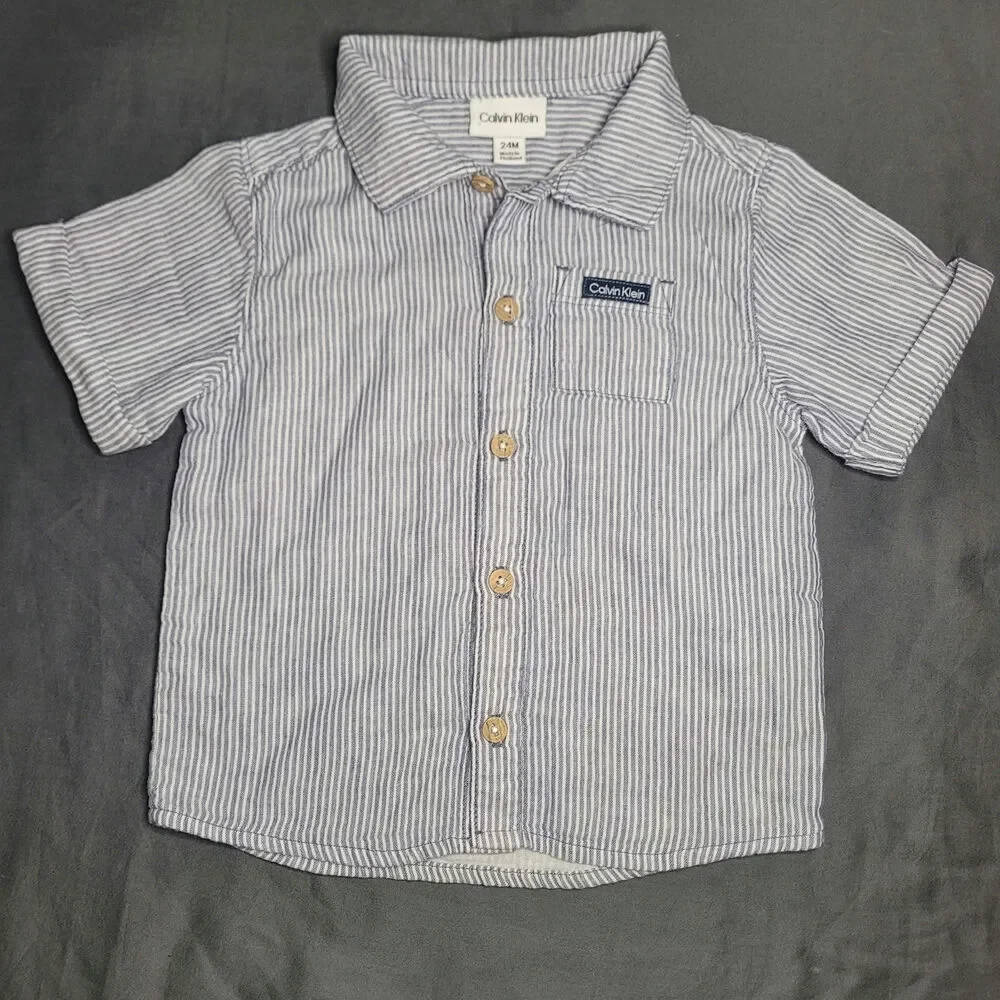 Calvin Klein Toddler Boy Blue & White Stripe Short Sleeve Linen Blend Shirt 24M